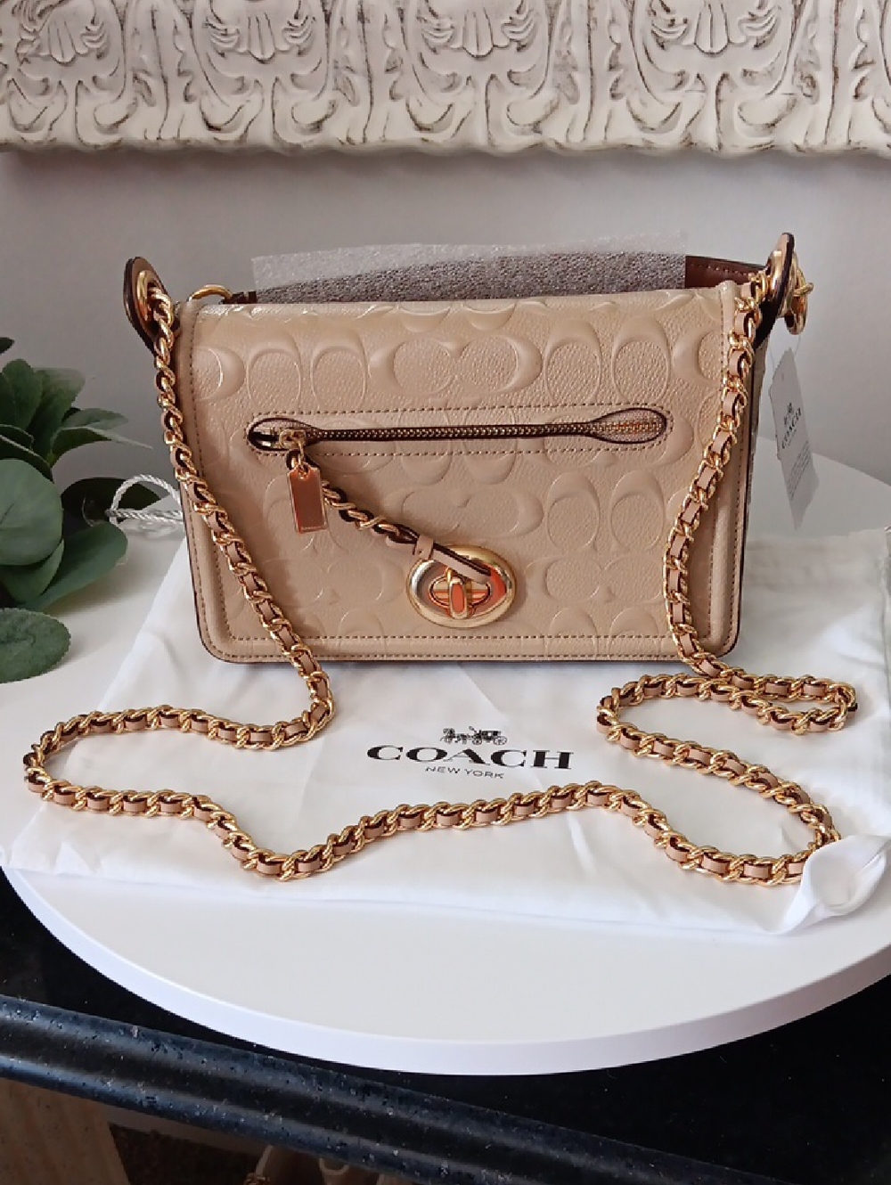 Coach Beige Embossed Leather Crossbody with Gold Chain
